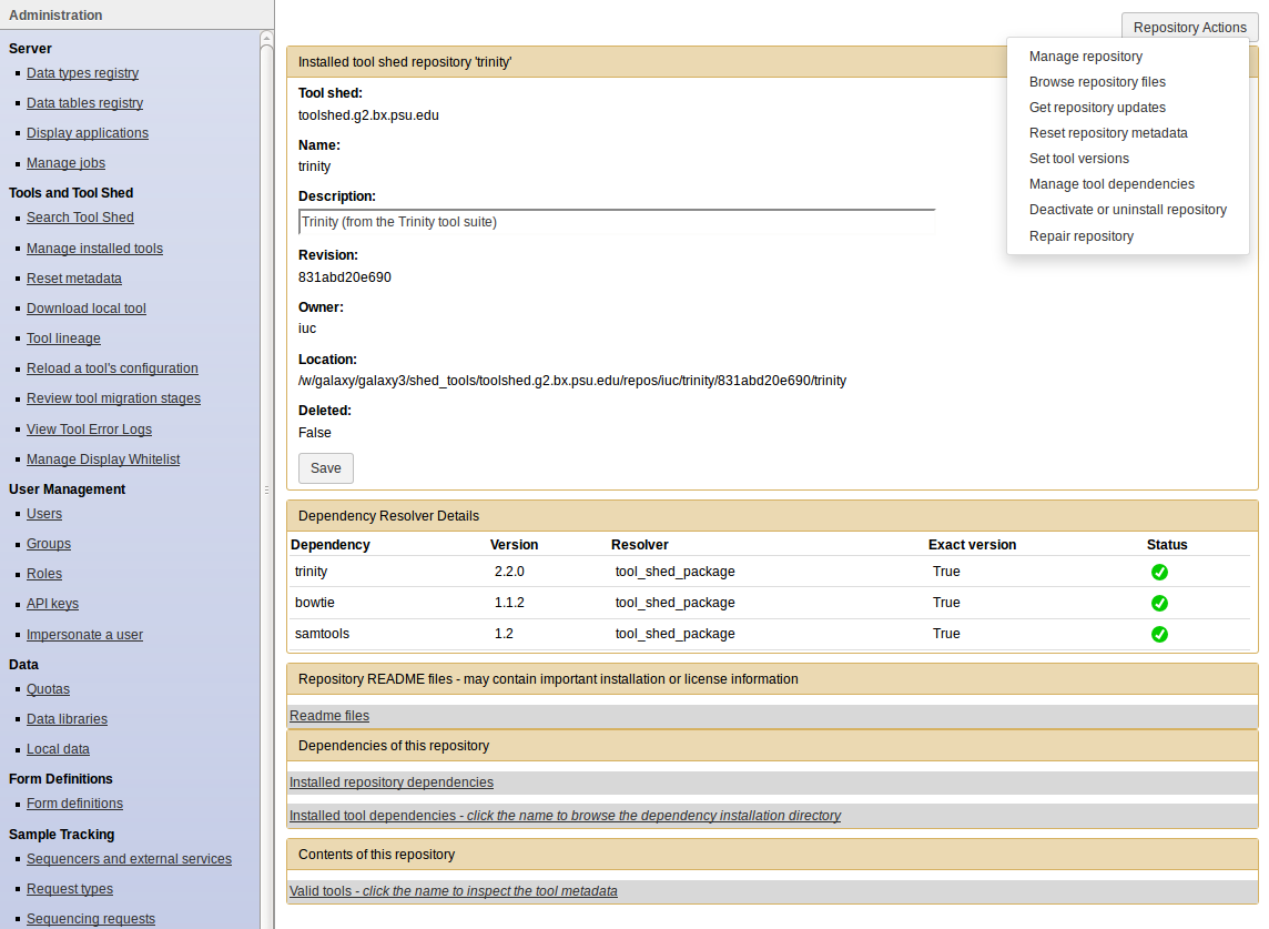 yet another toolshed interface screenshot with the repository actions menu shown
