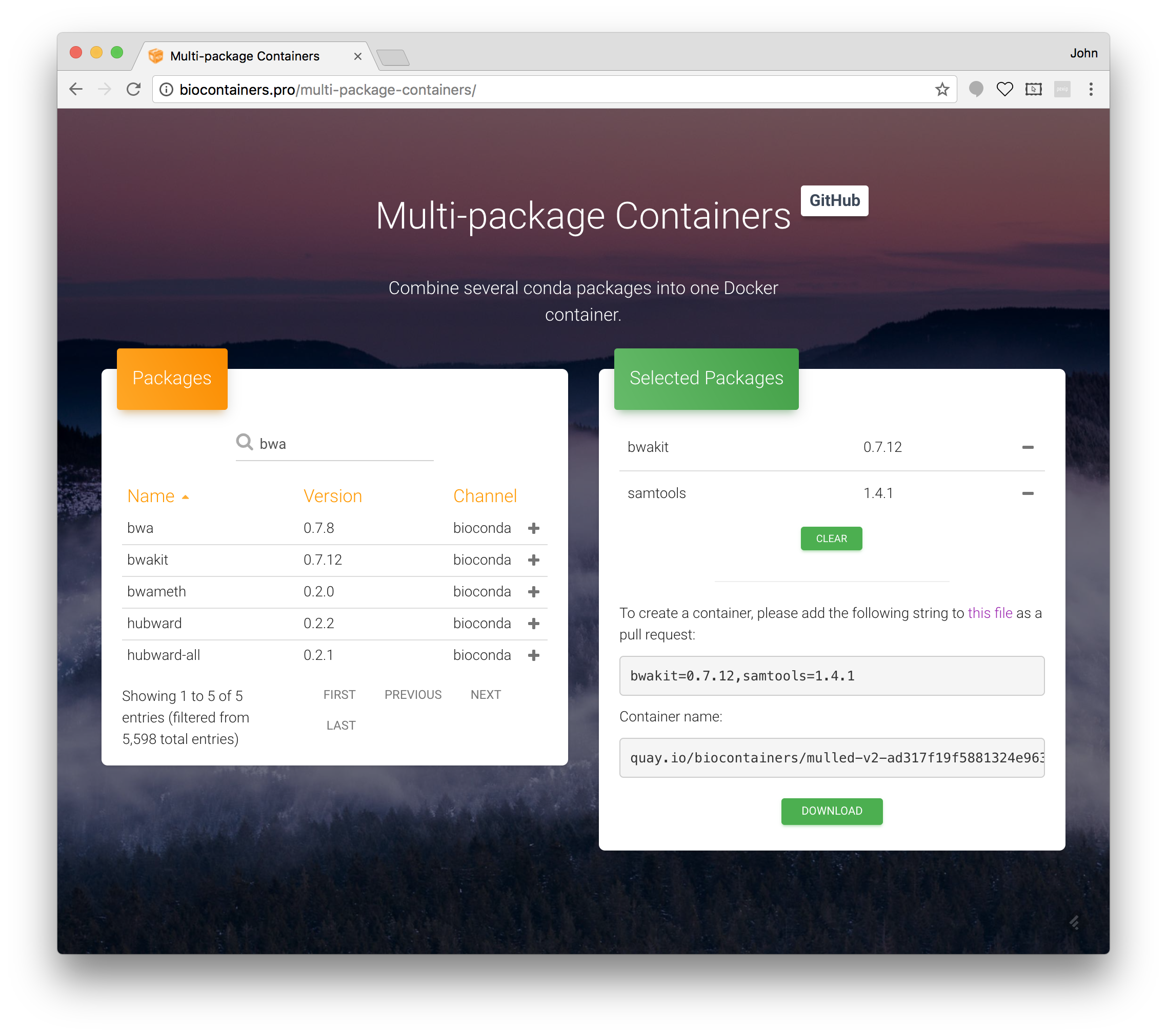 Screenshot of biocontainers page showing an information page for multi-package containers
