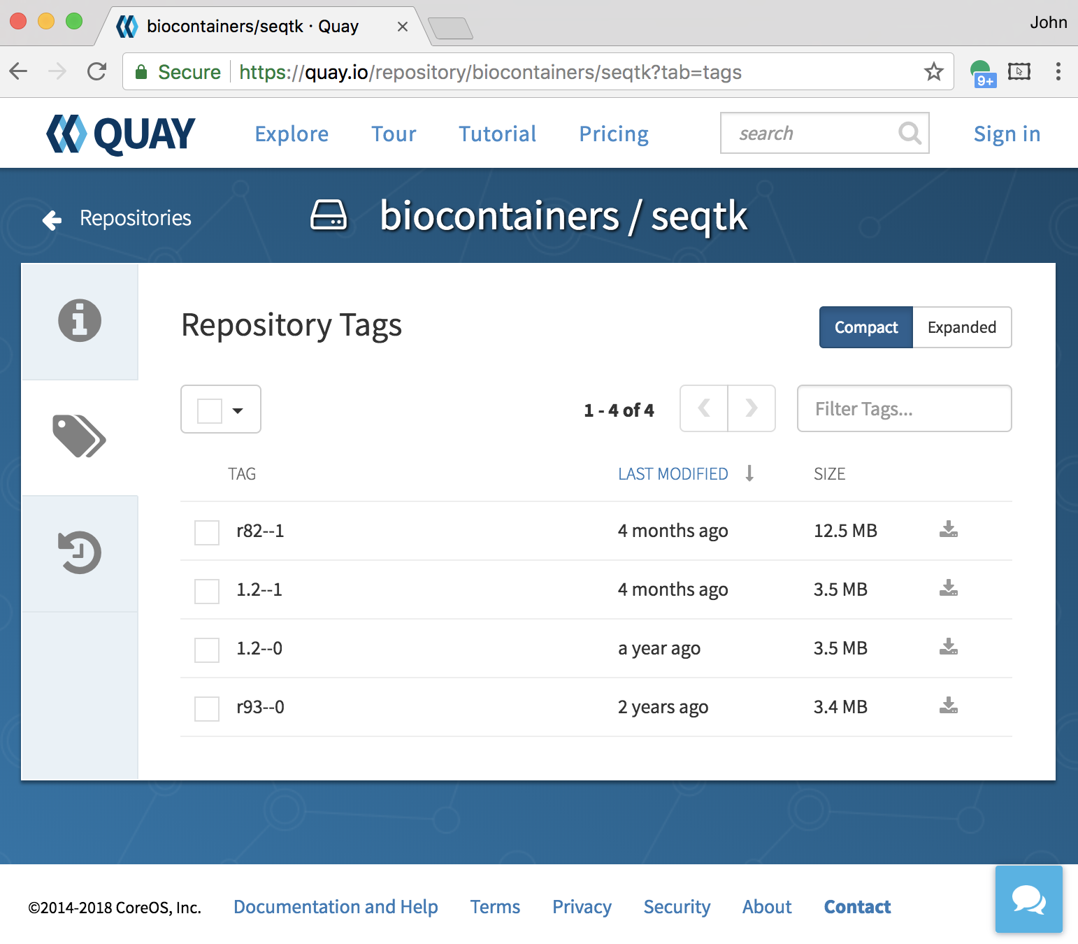 screenshot of quay.io showing the repository tags for the seqtk repo