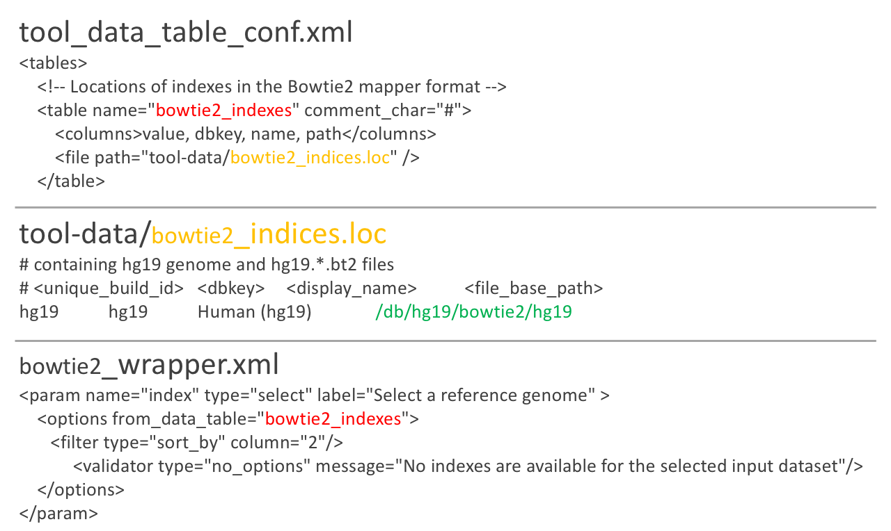 Three xml files are shown. At the top is the tool data table conf which mentions a tool-data/bowtie2_indices.loc. Below is that bowtie2 loc file which indicates that hg19 will be found at a specific location in the /db directory. And the third is the bowtie2 wrapper which loads options from a data table, and points to the bowtie2_indexes named table in the first xml.