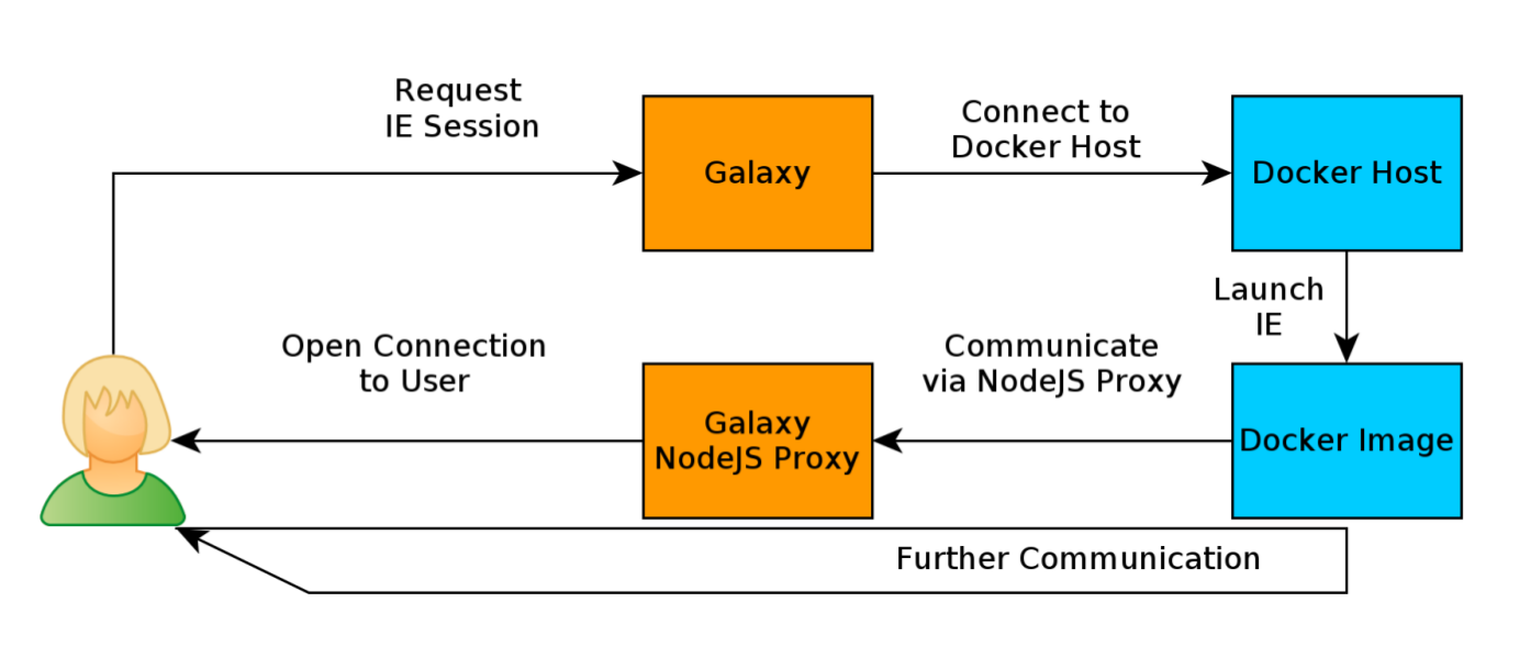 schematic of request flow. A users requests an IE session with galaxy which connects to a docker host, launches the IE, and communicates this to a NodeJS proxy living next to galaxy. The user opens the connection through the proxy to access the container.