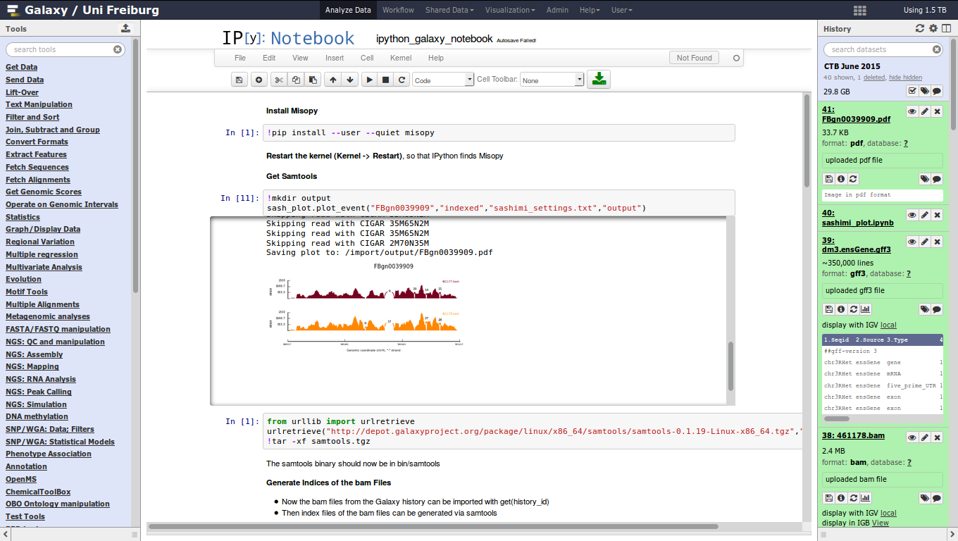 the above screenshot but they have scrolled to show embedded plots computed in jupyter in galaxy