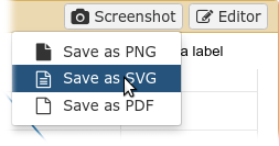A screenshot button is clicked providing optinos to save as PNG, SVG, or PDF. 