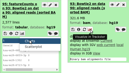 Screenshot of the history in galaxy with viz dropdown clicked. On one dataset the options are charts and scatterplots for a tabular dataset. On the other is 'visualise in trackster' for a BAM dataset