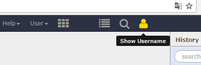 A person shaped icon in the Galaxy masthead is being hovered over and the popup reads "Show Username", presumably a custom webhook from a tutorial.