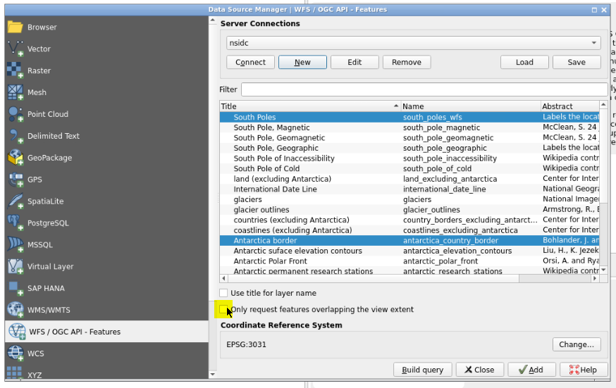 Image of QGIS interface to help you see which layers to select in the WFS / OGC API features. 