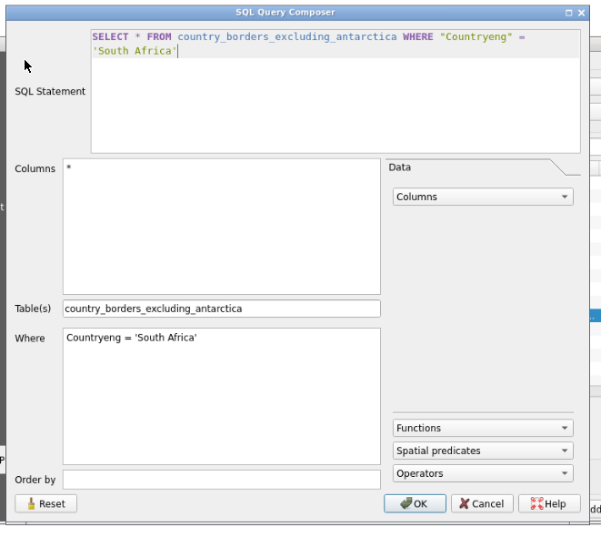 Image of QGIS interface to help you see what to write in the "SQL query composer". 