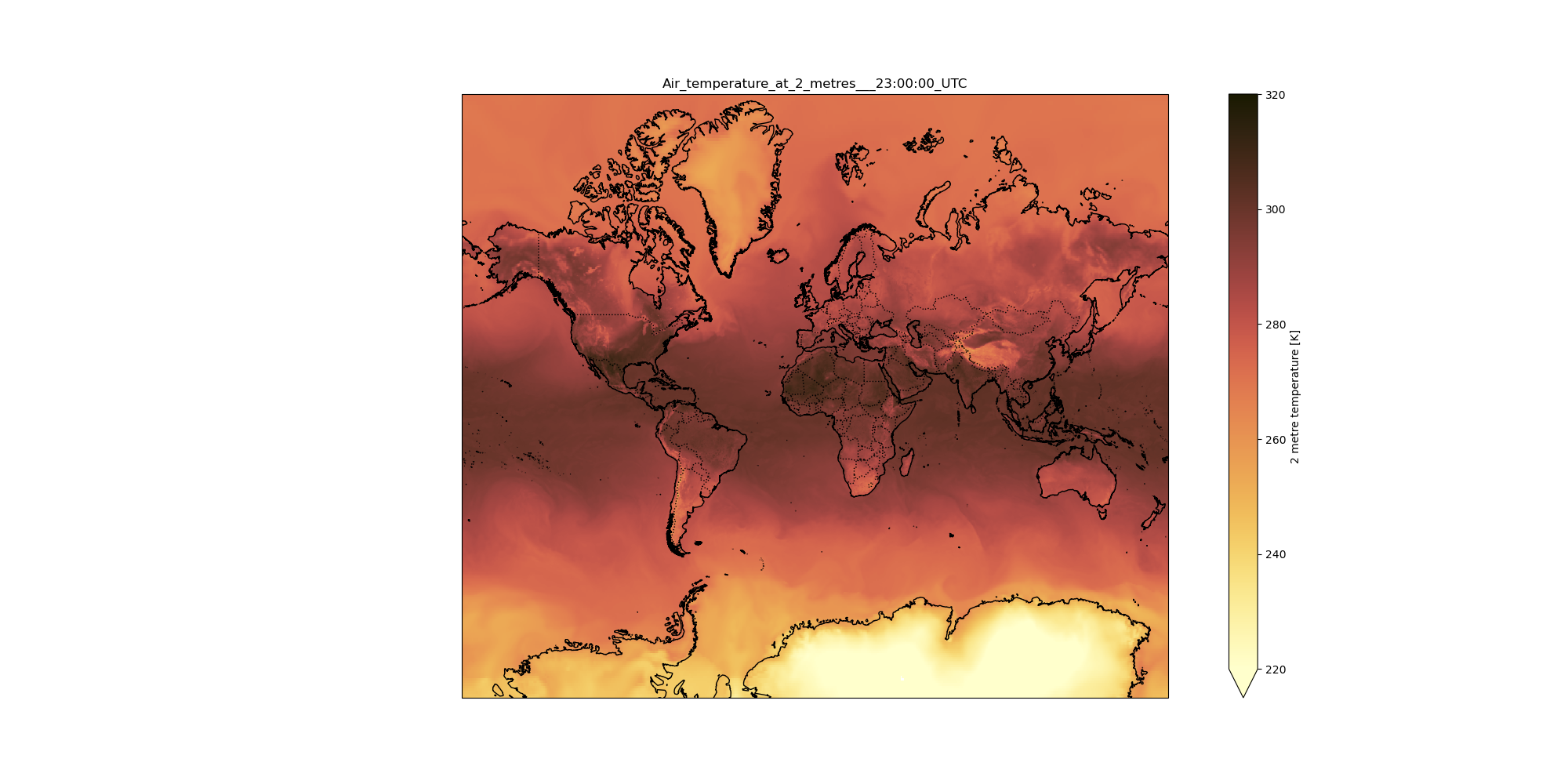 ECMWF Reanalysis Air temperature a 2 metres on 2022-05-31 at 23:00:00 UTC. 