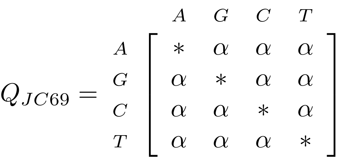 Rate matrix representing the Jukes Cantor model. The matrix has the nucleotides AGCT on both the x and y axis. The substitution rates are identical and represented by the character alpha. Asterisks are used as shorthand for values that make the row sums equal 0. Described at 11:31 in the video recording.