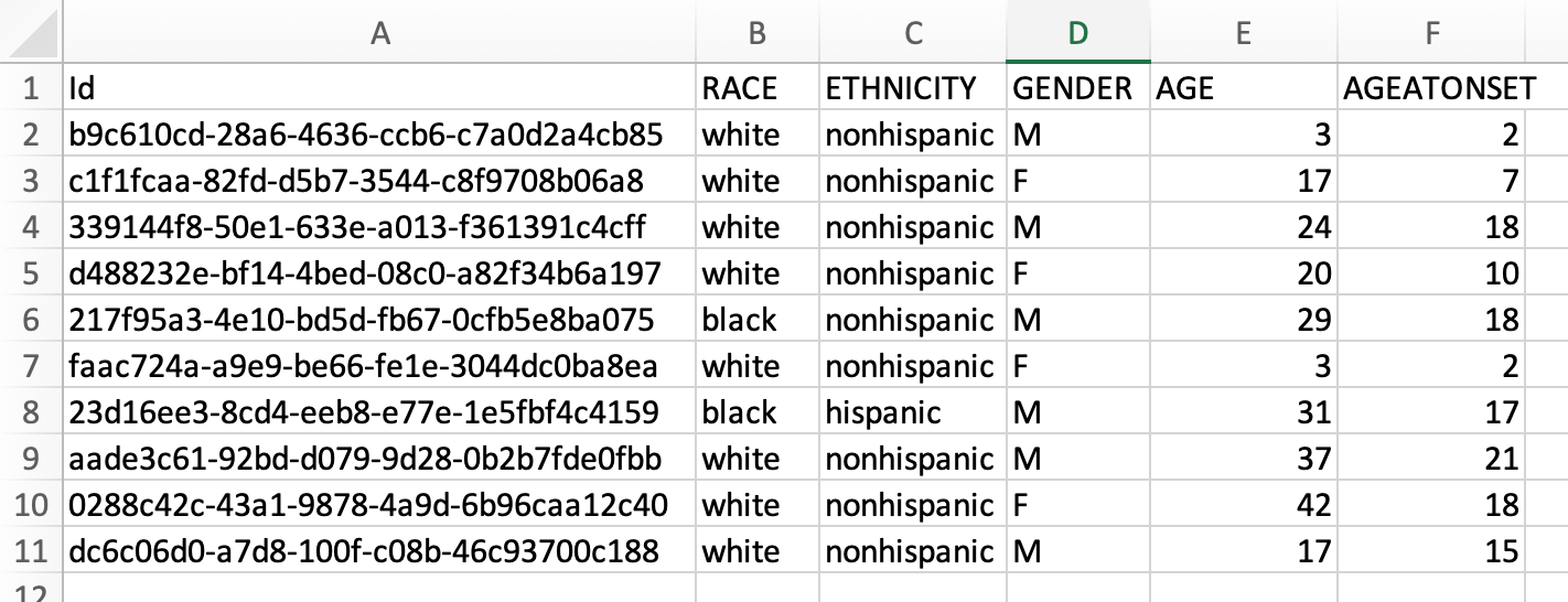 Image of a spreadsheet with columns ID, Race, Ethnicity, Gender, Age and Age at Onset, with 10 rows filled in below. 