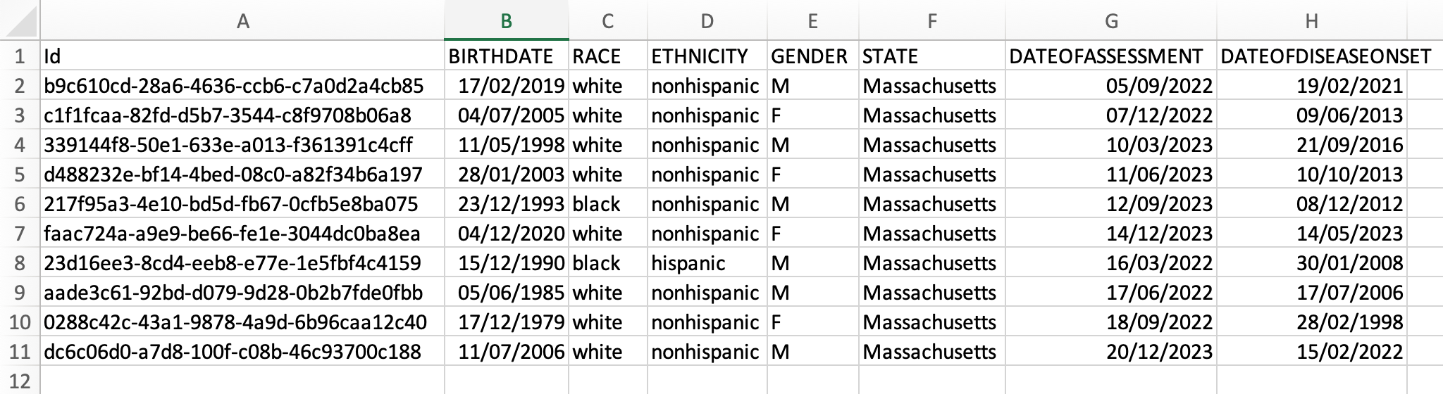 Image of spreadsheet with columns ID, Birth Date, Race, Ethnicity, Gender, State, Date of Assessment and Date of Disease Onset as the columns, with 10 lines of data filled in below for each of these columns. 