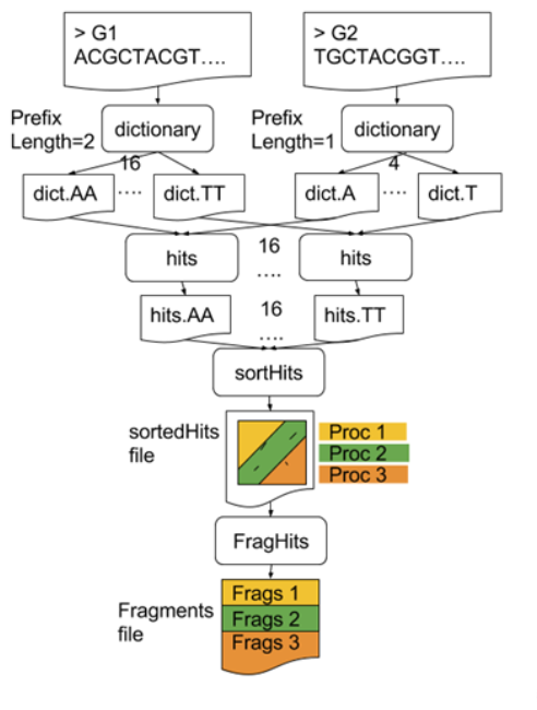 Two sequences, G1 and G2 enter, produce dictionaries, and hits which are then combined into sorted Hits and fragmented hits.