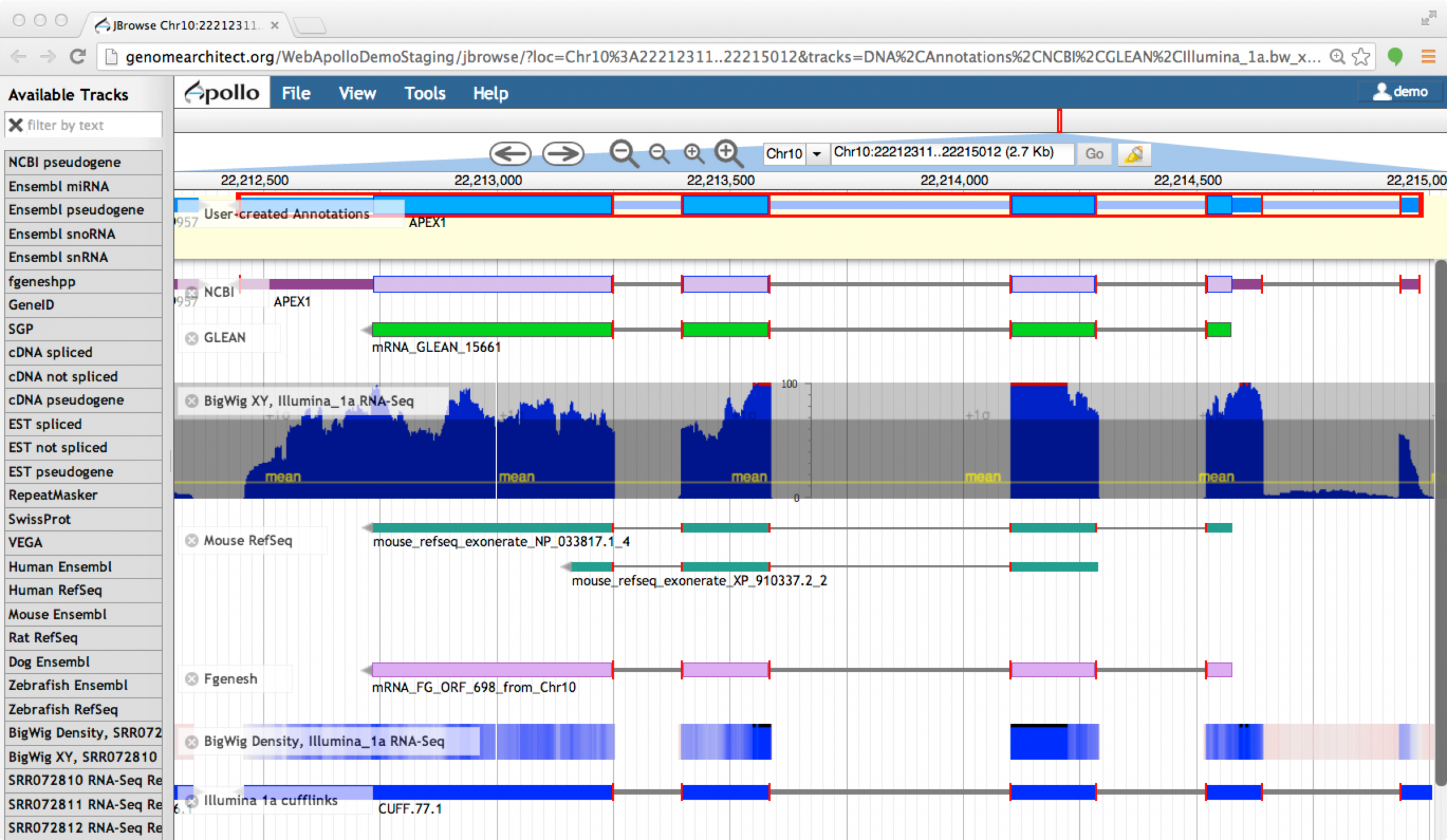 Screenshot of apollo with dozens of tracks in the list. Several gene model predictions are shown as well as a few bigwig XY density from illumina sequencing data.