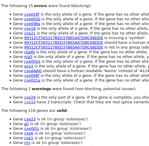 A report showing 15 errors like gene having no alternate alleles or missing a symbol, or missing a human readable name. 2 warnings about model structures are shown, and the other 119 genes are shown as valid.