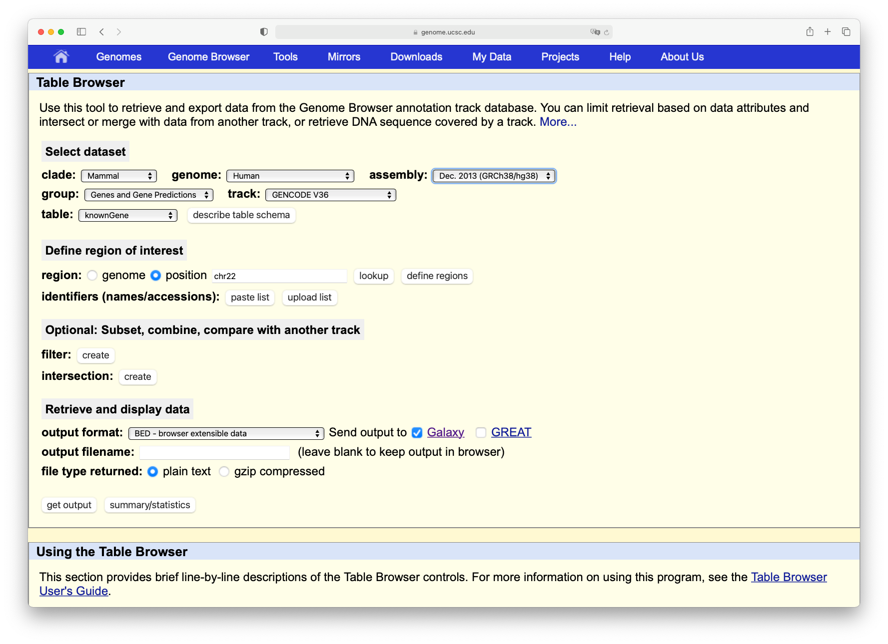 `UCSC table browser` tool, first screen for exons. 