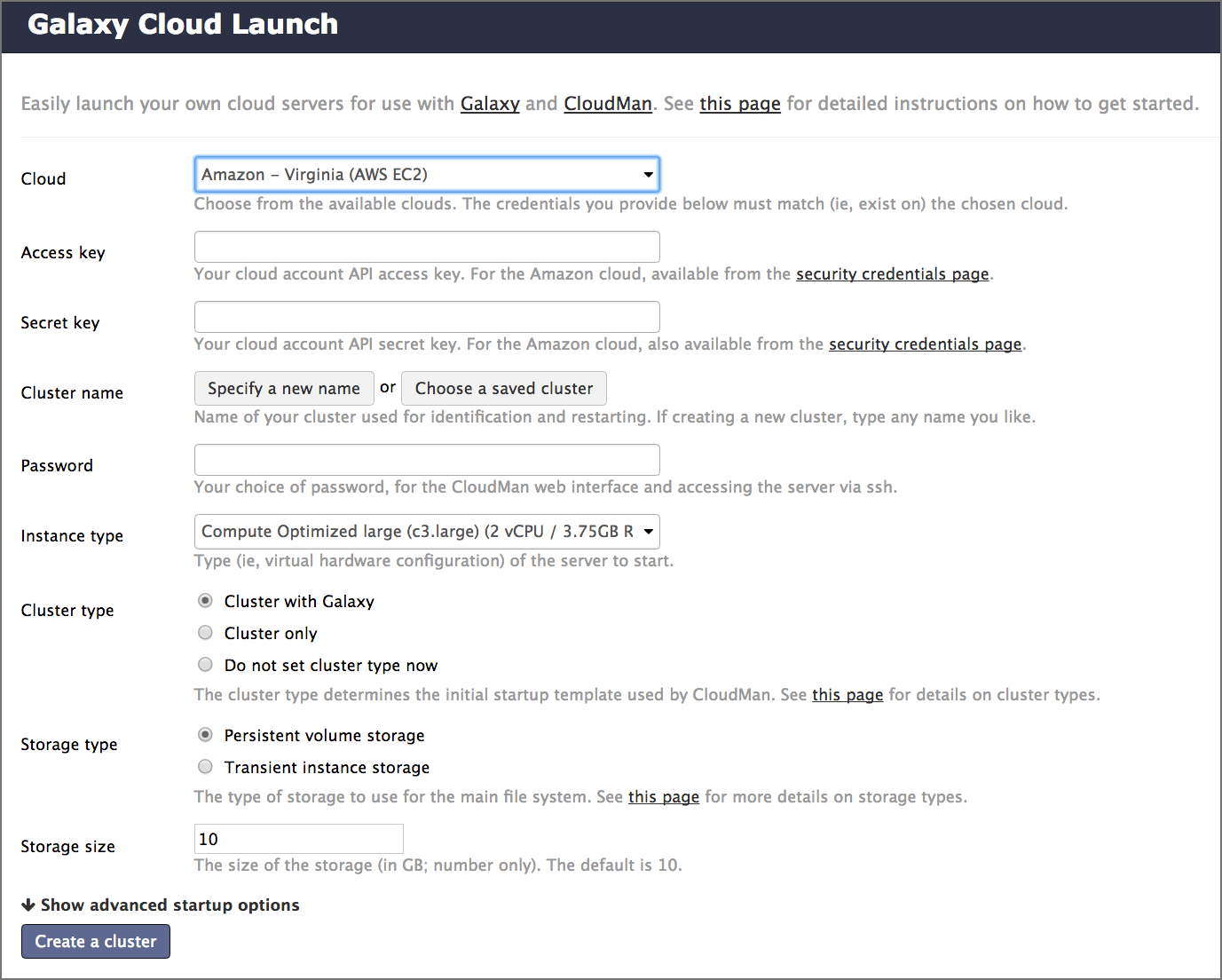 Illegible screenshot of Galaxy Cloud Launch with a form for entering data.