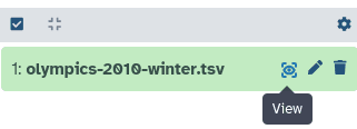 galaxy history view showing a single dataset olympics-2010-winter.tsv. Display link is being hovered.