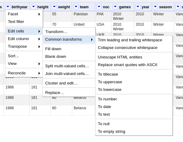 menu item to convert column to number. 