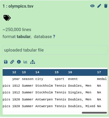 a screenshot of the expanded view of the dataset in the history, it shows the datatype, number of lines in the file, and a preview>    > > of the dataset with numbered columns. 