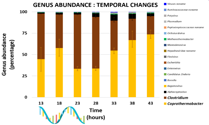 stacked bar chart with timepoints along the x axis and genus abundance as a percentage along the y axis. Each of the 7 time samples consists mostly of Coprothermobacter and Clostridium.