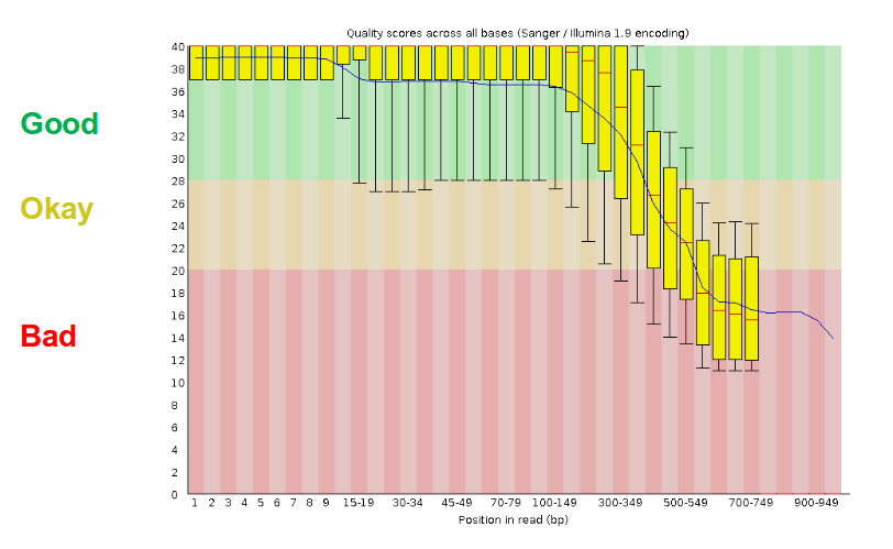 fastqc plot with regions labelled good, okay, and bad based on the plot's colour