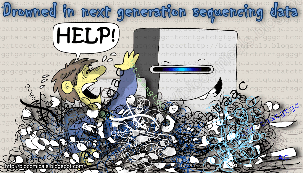 cartoon titled drowned in NGS data with a man covered in messy data.
