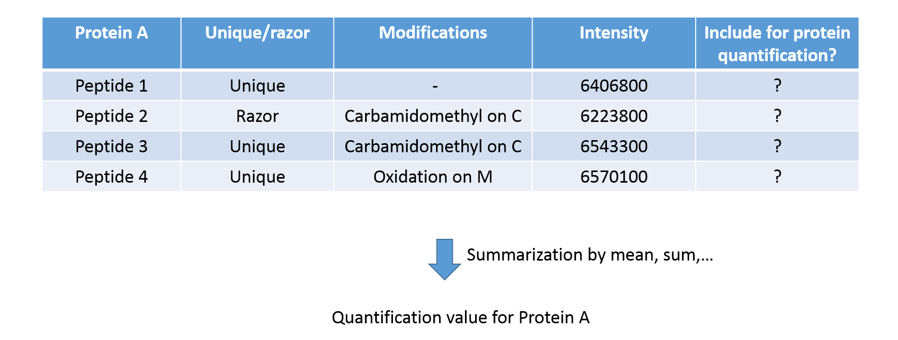 table with peptides 1-4. Some are unique, some are 'razor'. Some have modificatinos. Their intensities are listed. This table has an arrow below for 'summarization by mean, sum, ...' and quantificatino value for Protein A.