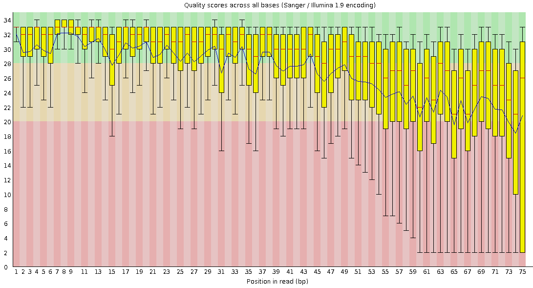 Fastqc quality score plot, most results are in the green region up until 30. The whiskers extend to the yellow region from the start, and after base 30 get progressively worse, goign to the worst possible score by the end. The boxes cover the yellow region by base 40.