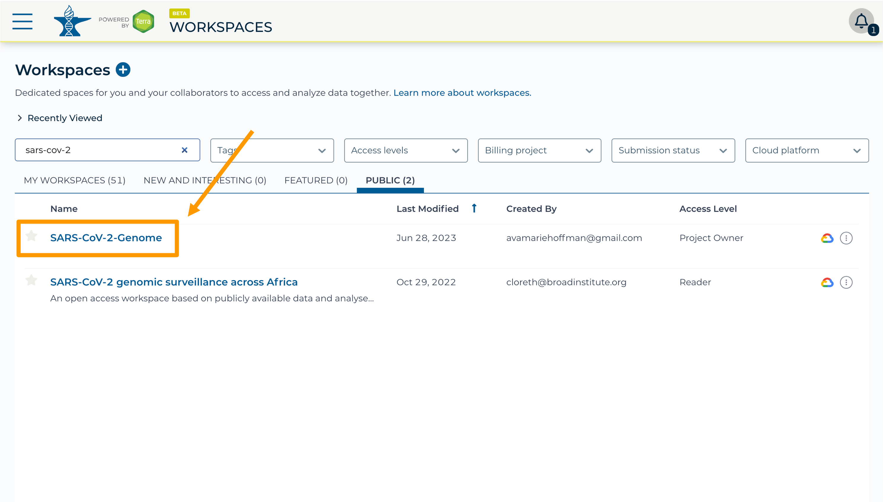 Screenshot of the AnVIL platform workspaces page highlighting the Public tab and the SARS-CoV-2-Genome Workspace search result.