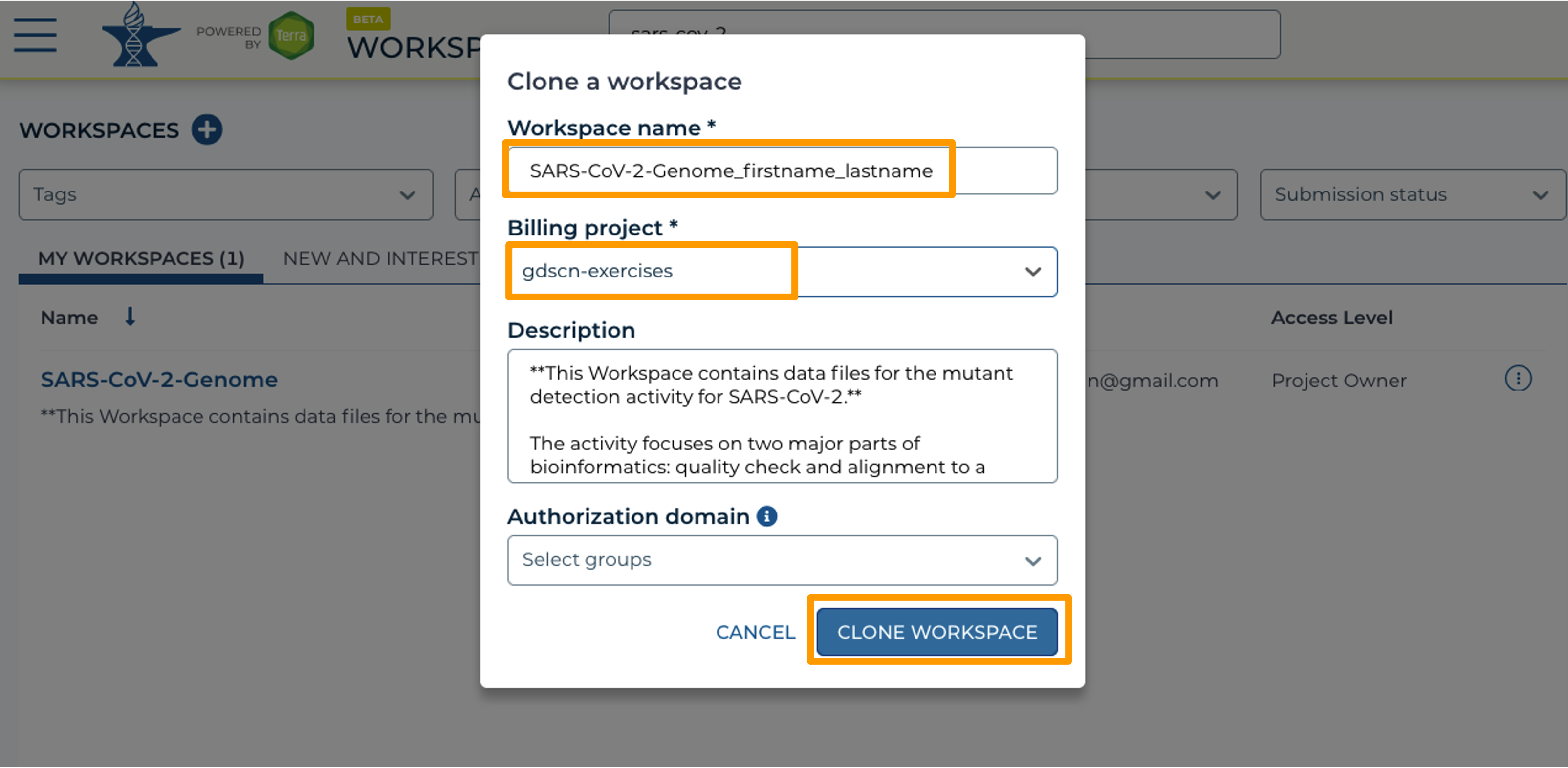 Screenshot showing the "clone a workspace" popout. The Workspace name, Billing Project, and Clone Workspace button have been filled in and highlighted.