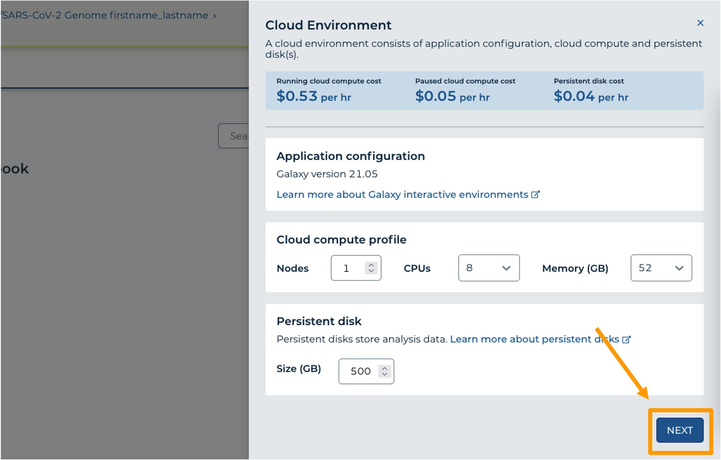 The NEXT button among cloud environments has been highlighted.