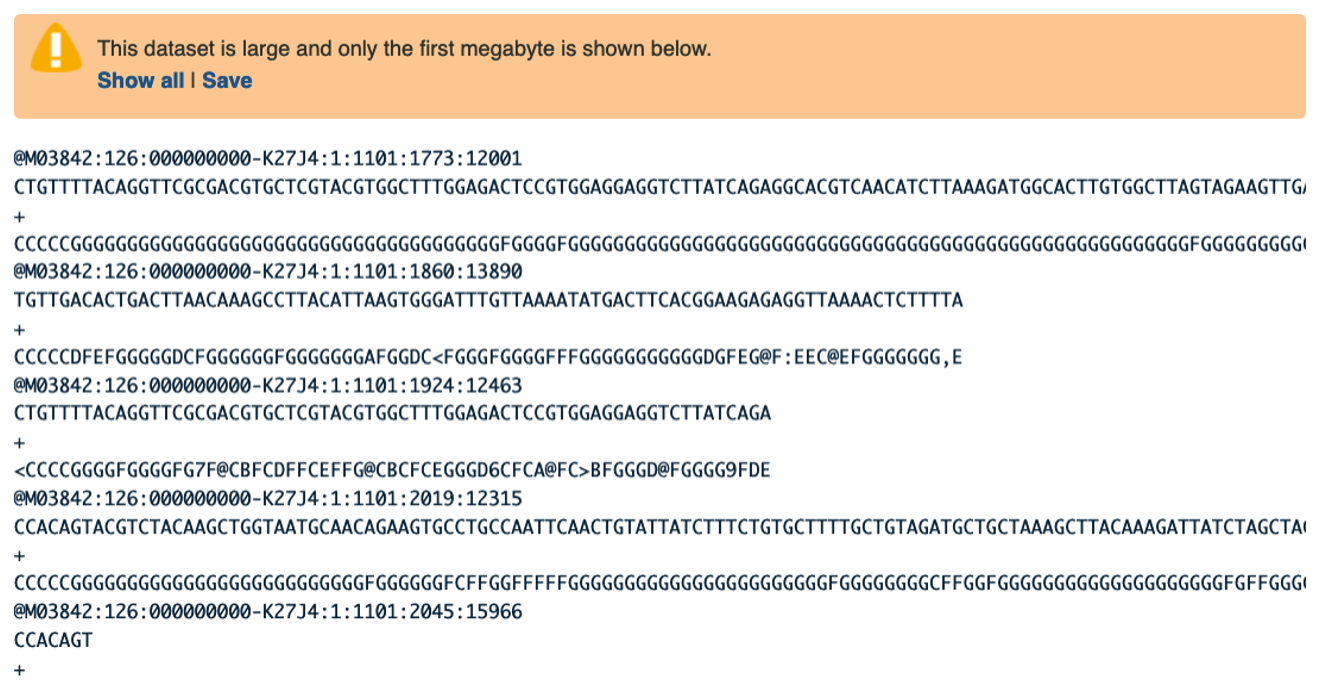 Screenshot of a fastq file. The data includes DNA sequences but also includes many coded characters, making it hard to understand.
