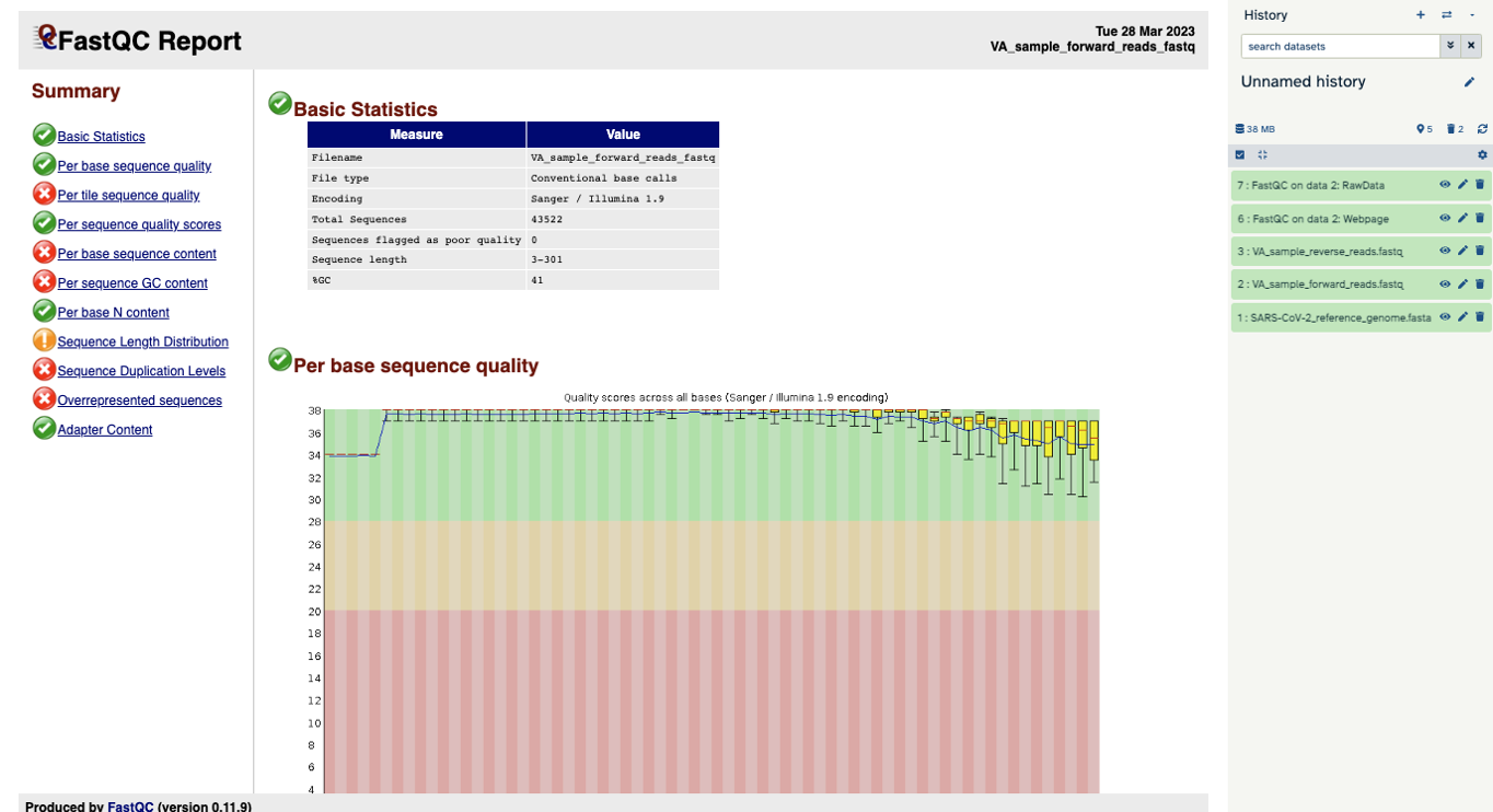 Screenshot of the FastQC results. The Basic Statistics and Per Base Sequence Quality sections for the report on VA_sample_forward_reads.fastq are visible.