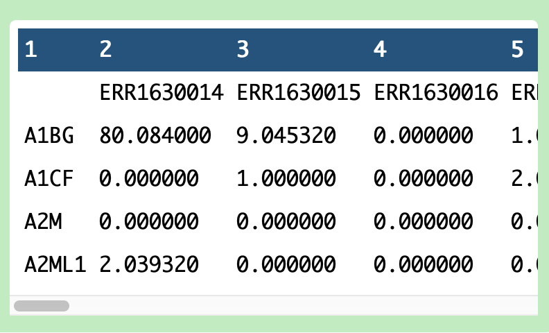 Alphabetised gene symbols appear in column one with decimal pointed integers in the following columns corresponding to cells. 