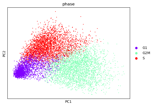 PCA plot showing three separate clusters of cells in the G1, S and G2M Phases. 