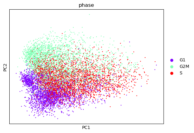 PCA plot showing some separation between cells in the G1, S and G2M Phases before regression. 