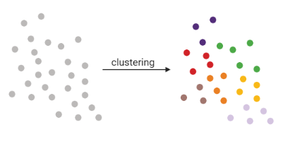Grey set of cells getting clustered into several distinct groups, each group marked in different colour