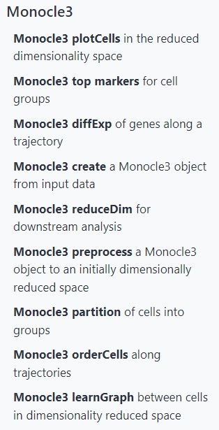 Screenshot of the Monocle3 tools available in Galaxy