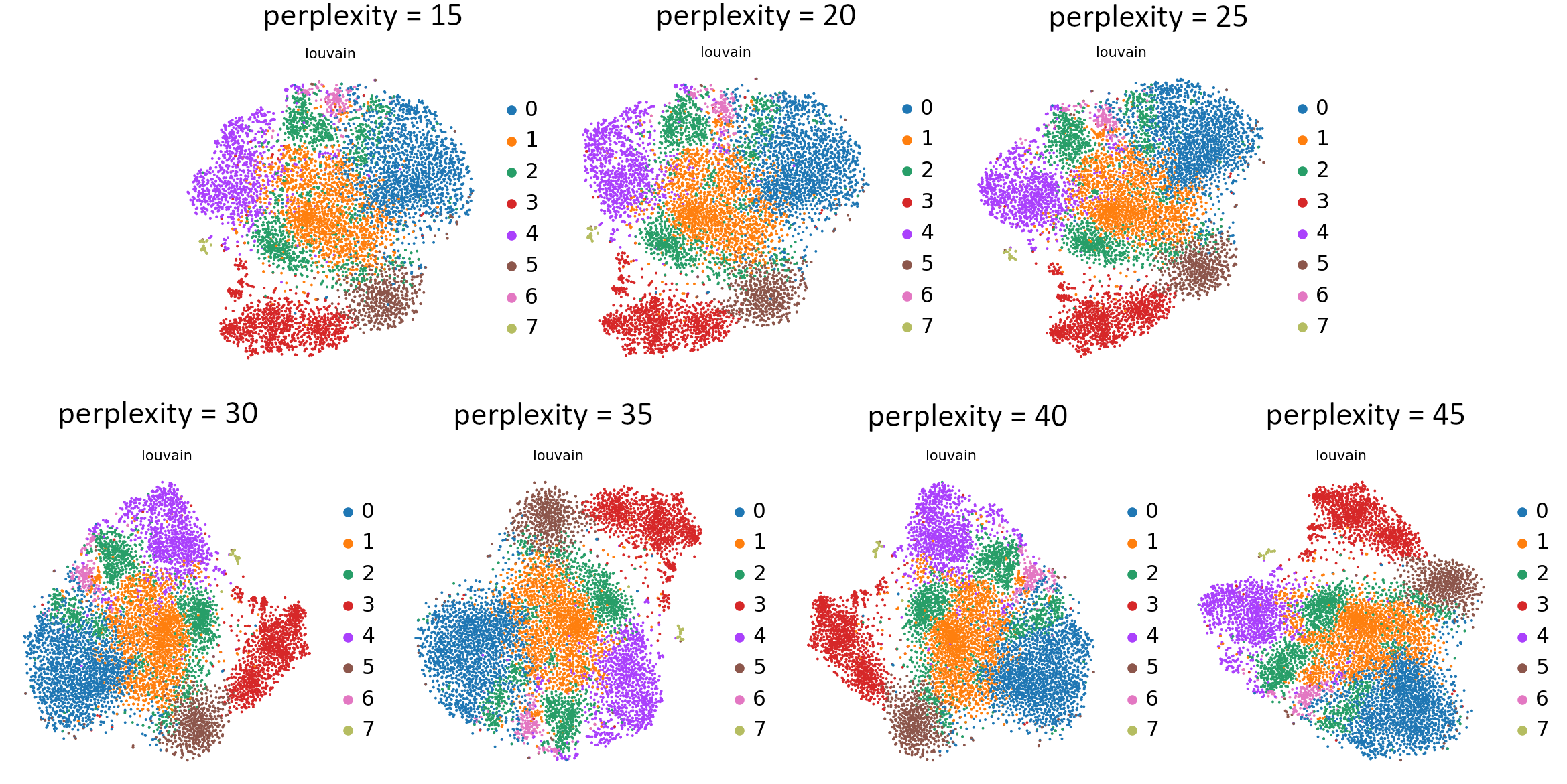 Graphs showing the differences between tSNE embeddings caused by different values of perplexity.