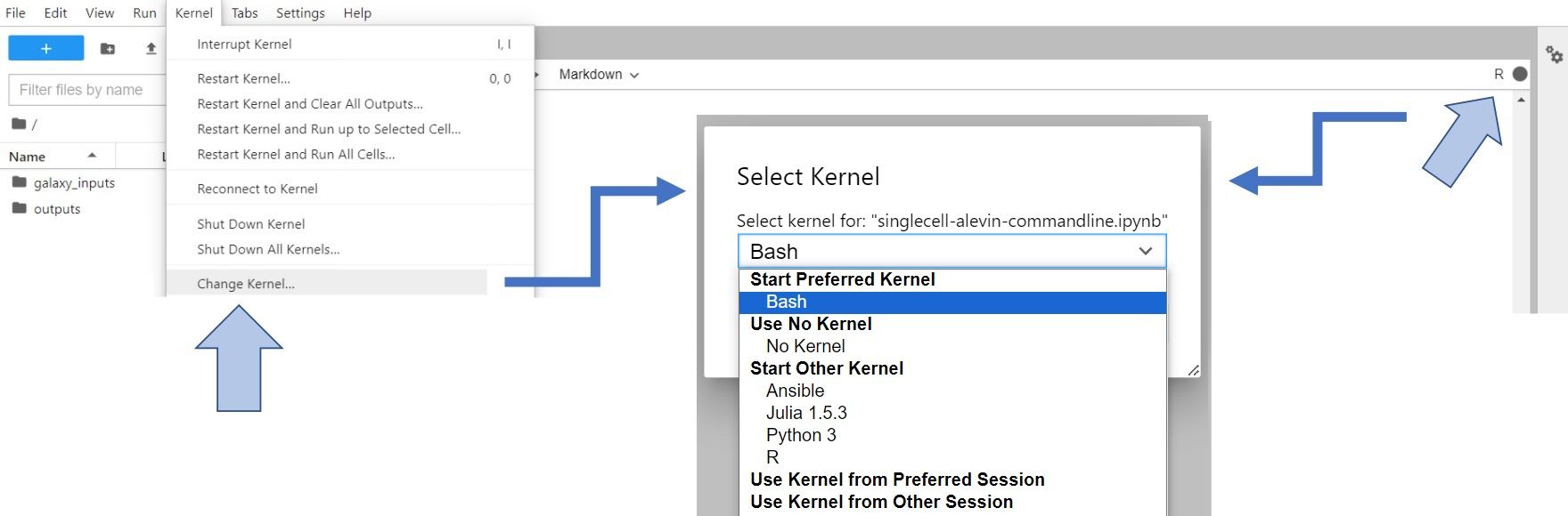 Figure showing the JupyterLab interface with an arrow pointing to the left corner, showing the option 'Kernel' -> 'Change Kernel...' and another arrow pointing to the right corner, showing the icon of the current kernel. The pop-up window asks which kernel should be chosen instead.