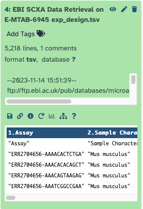 Green box containing fourth output, the exp_design.tsv file. The file consists of 5,218 lines and numerous columns starting with 'Assay' and 'Sample Characteristic'.