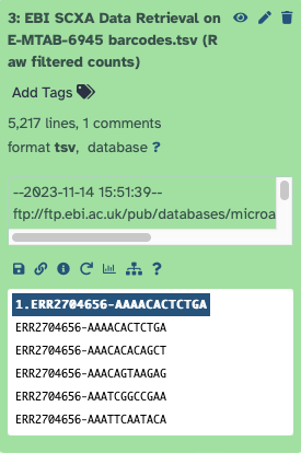 Green box containing third output, the barcodes.tsv file. The file consists of 5,217 lines and a single column containing the cell barcode, variations of ERR2704656-AAAACACTCTGA.
