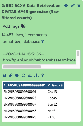Green box containing second output, the genes.tsv file. The first column contains EnsemblIDs such as ENSMUSG######, while the second column contains gene names. There are 14,457 lines.