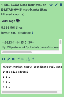 Green box containing first output, the matrix.mtx file. Columns are labelled 14458, 5218, and 5308559. 