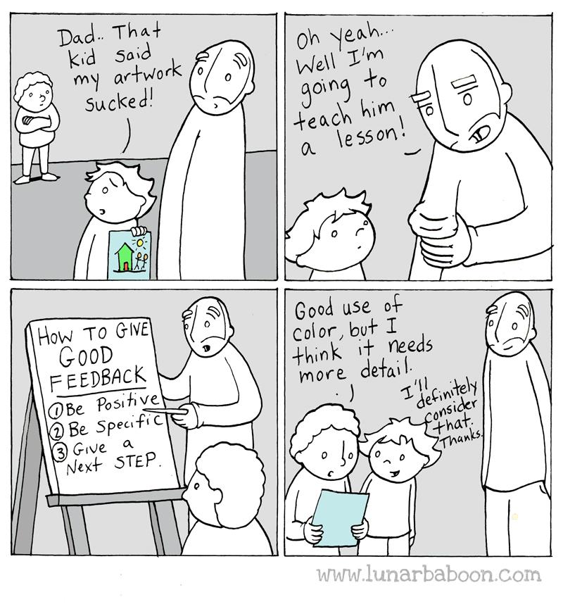 A humorous cartoon showing a parent teaching a child on how to provide constructive feedback when playing with other children.