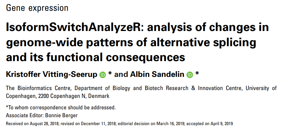 IsoformSwitchAnalyzeR: analysis of changes in genome-wide patterns of alternative splicing and its functional consequences.