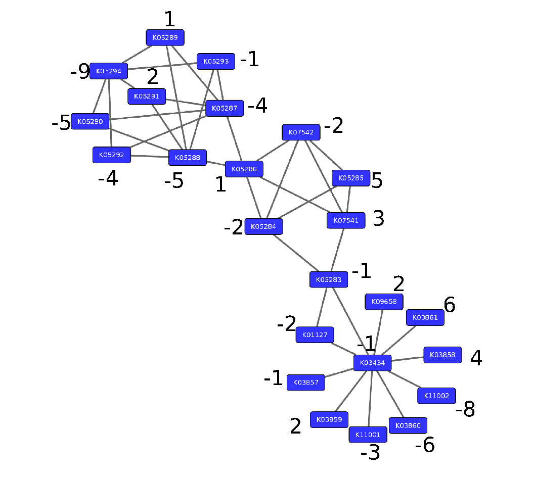A network of KOs are shown with weights on each node.